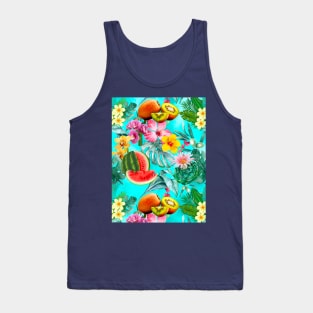 Vibrant tropical leaves pattern, watermelon illustration, tropical plants, green turquoise tropical fruits Tank Top